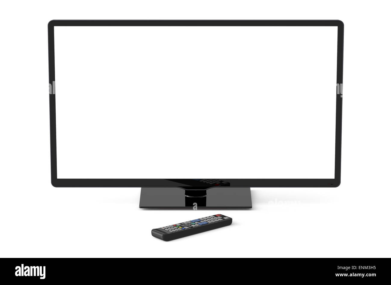 TV set with white screen and remote control Stock Photo