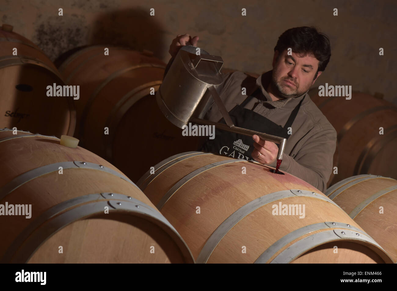 Winemaker Decanting wine in a barrel's cellar Stock Photo