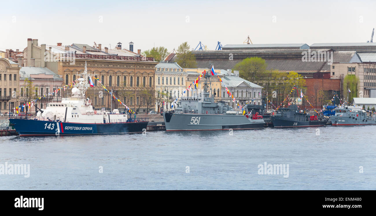 Saint-Petersburg, Russia - May 7, 2015: Warships stands in a row on the Neva River in anticipation of the military parade of nav Stock Photo