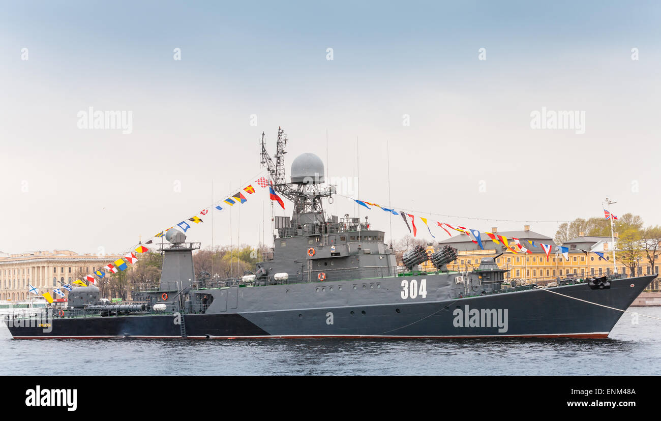 Saint-Petersburg, Russia - May 7, 2015: Warship stands moored on the Neva River in anticipation of the military parade of naval Stock Photo