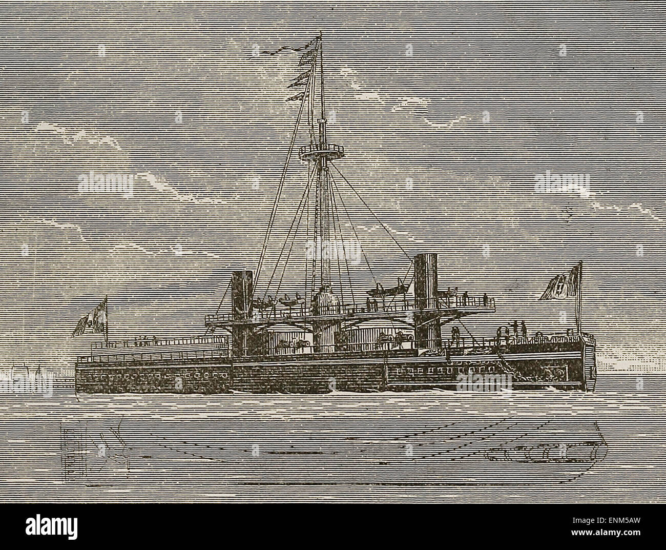 Italian Ironclad 'Duilio' 1880 - with projecting ram and torpedo apparatus.  The most powerful war vessel afloat. THickness of armor, 16 to 24 inches.  Armament, four 100 ton guns. Ordinary charge for each gun, 551 pounds of powder and a 2000 pound projectile Stock Photo