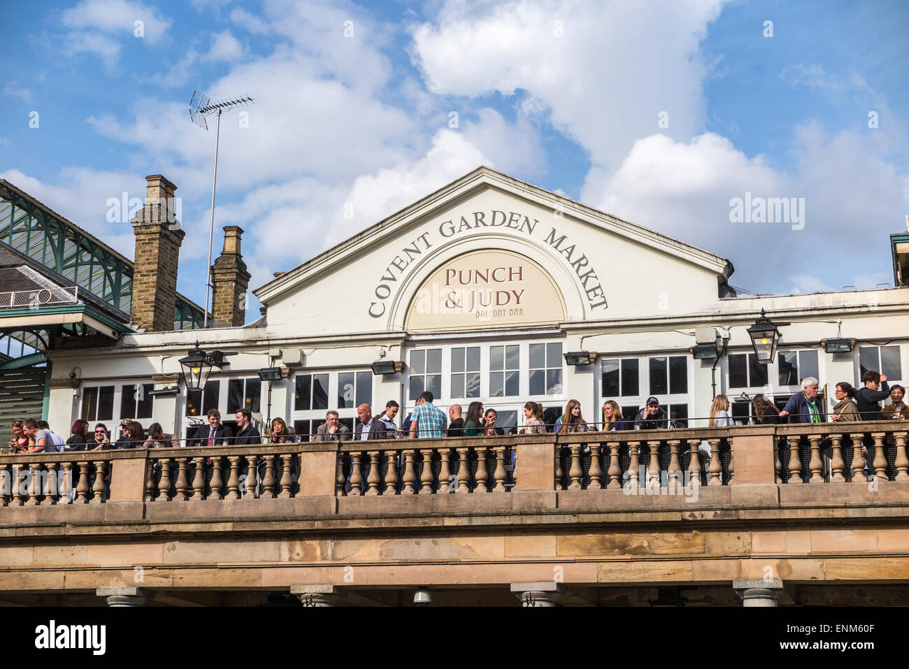 Punch & Judy Balcony Bar on a balcony on a historic building in Covent Garden Market in the West End of London, UK Stock Photo