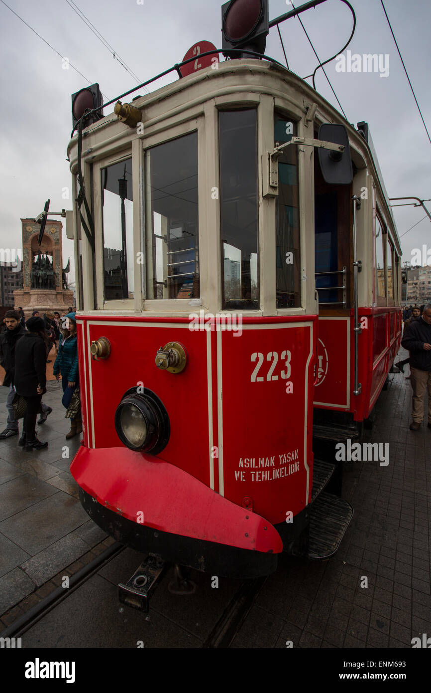 A tram sits for passengers in Taksim Square Stock Photo