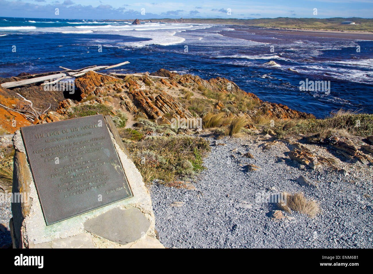 Plaque on Gardiner Point at Arthur River, billed as the Edge of the World Stock Photo
