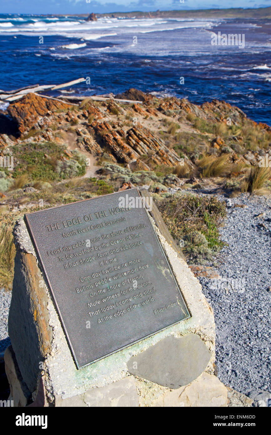 Plaque on Gardiner Point at Arthur River, billed as the Edge of the World Stock Photo