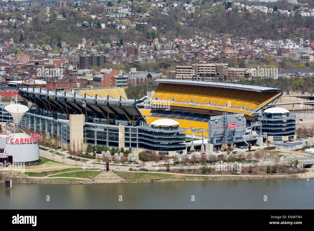 An aerial view of Heinz Field along the North Shore  - Pittsburgh, Pennsylvania. Stock Photo