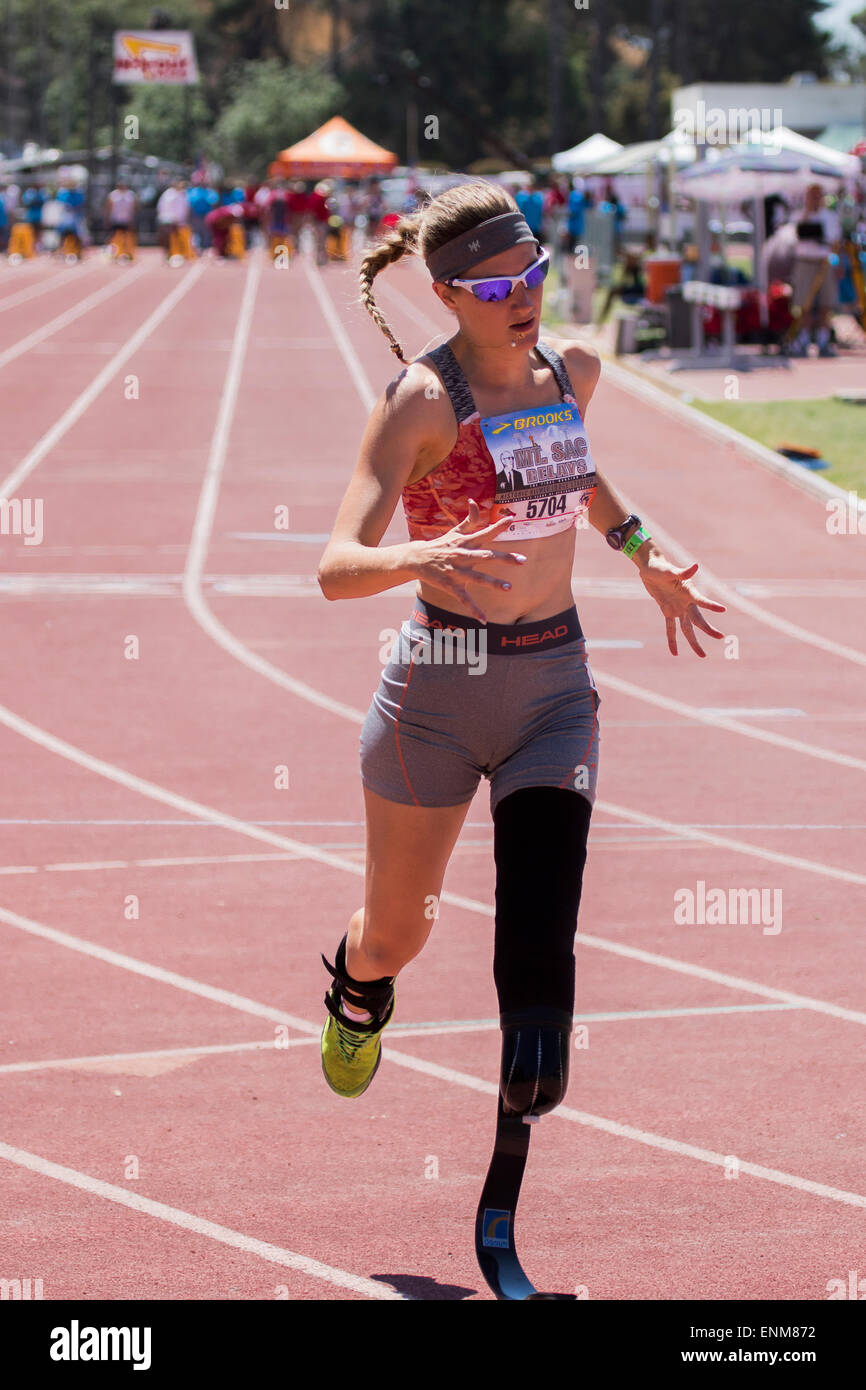 Paralympic womens runner Allysa Seely Mt sac relays 2015. Walnut. California USA Stock Photo