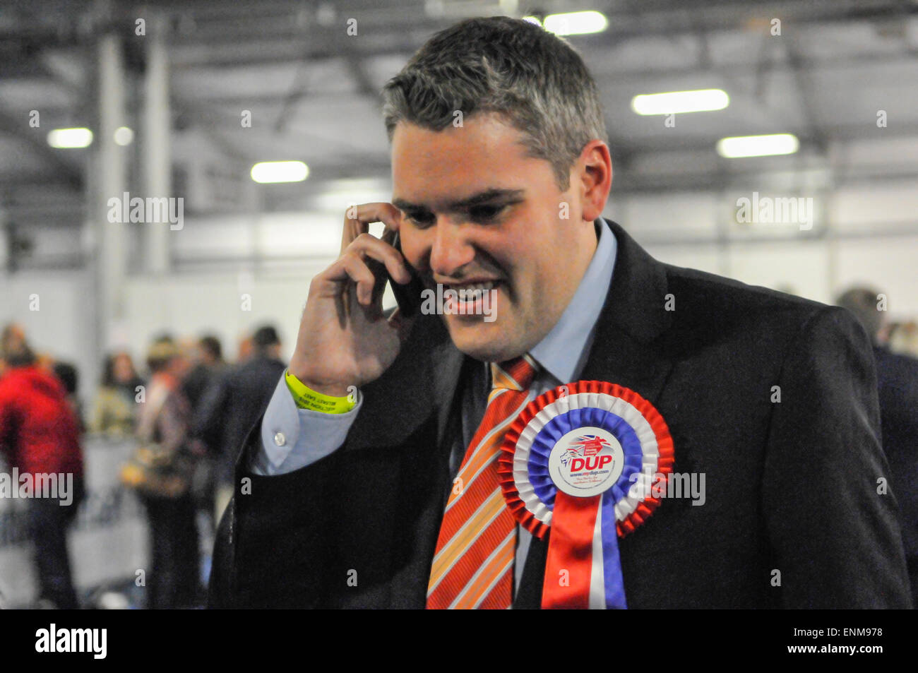 Belfast, Northern Ireland. 8 May 2015 - DUP's Gavin Robinson takes a congratulatory phone call, after it is confirmed he has taken the East Belfast seat from Alliance's Naomi Long Credit:  Stephen Barnes/Alamy Live News Stock Photo