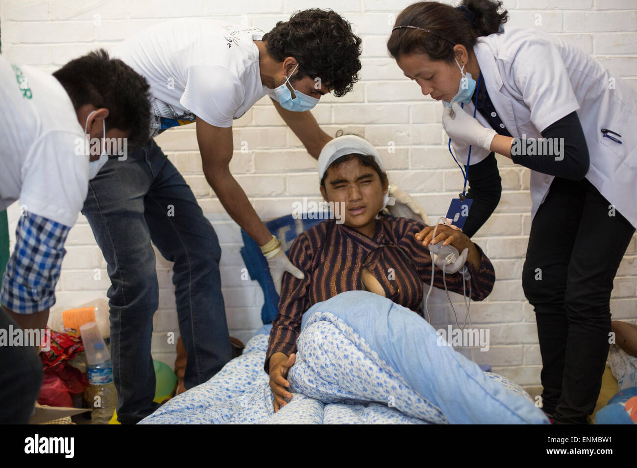 Victims of the 2015 earthquake are treated at Kathmandu University Hospital in Kavre District, Nepal. Stock Photo