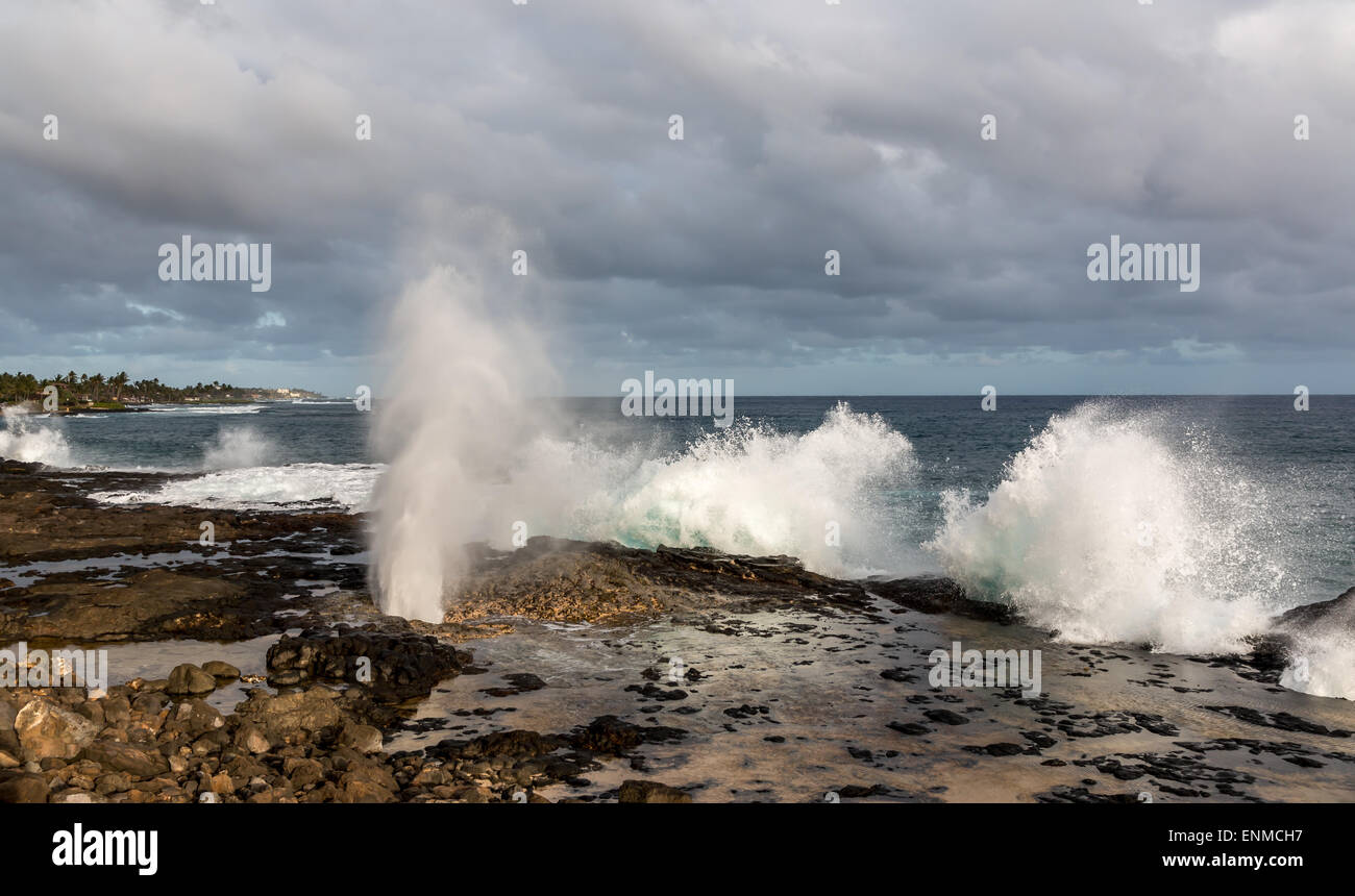 Spouting horn blow hole on Kauai, Hawaii ,shoots jets of water in the air as storm waves crash into the rocks. Stock Photo