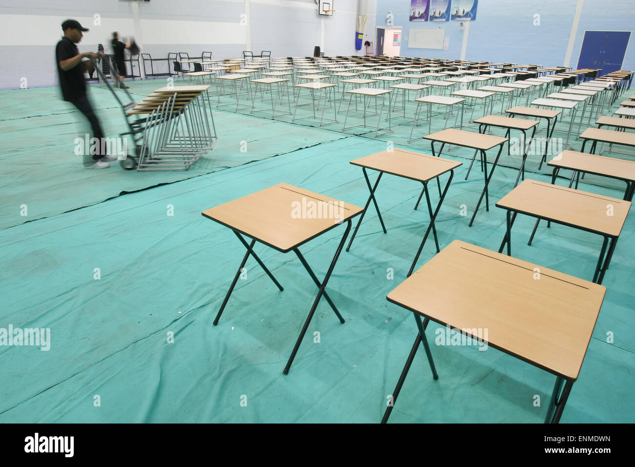 Desks in an exam hall in a comprehensive school, Worcestershire UK 