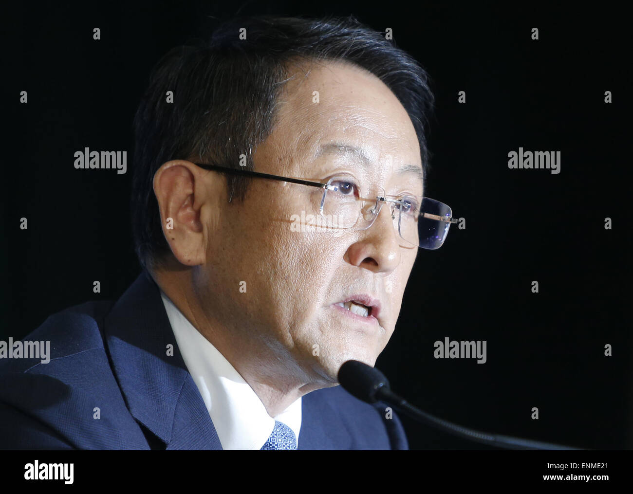 (150508) -- TOKYO, May 8, 2015 (Xinhua) -- Japan's auto giant Toyota's president Akio Toyoda speaks during a press conference to announce Toyota's financial report for 2014 in the headquarters in Tokyo, capital of Japan, on May 8, 2015. Toyota reported the highest-ever profit. (Xinhua/Stringer) Stock Photo