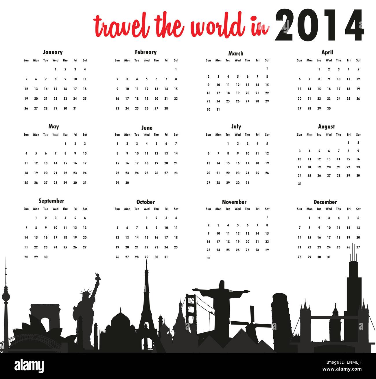 Travel the world in 2014 calendar Stock Vector