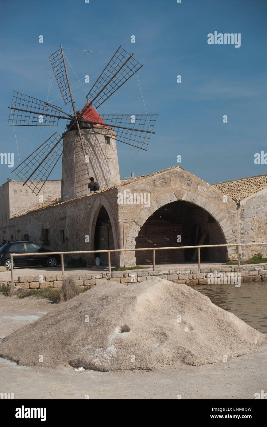 windmill at Trapani salt flats, Sicily Stock Photo