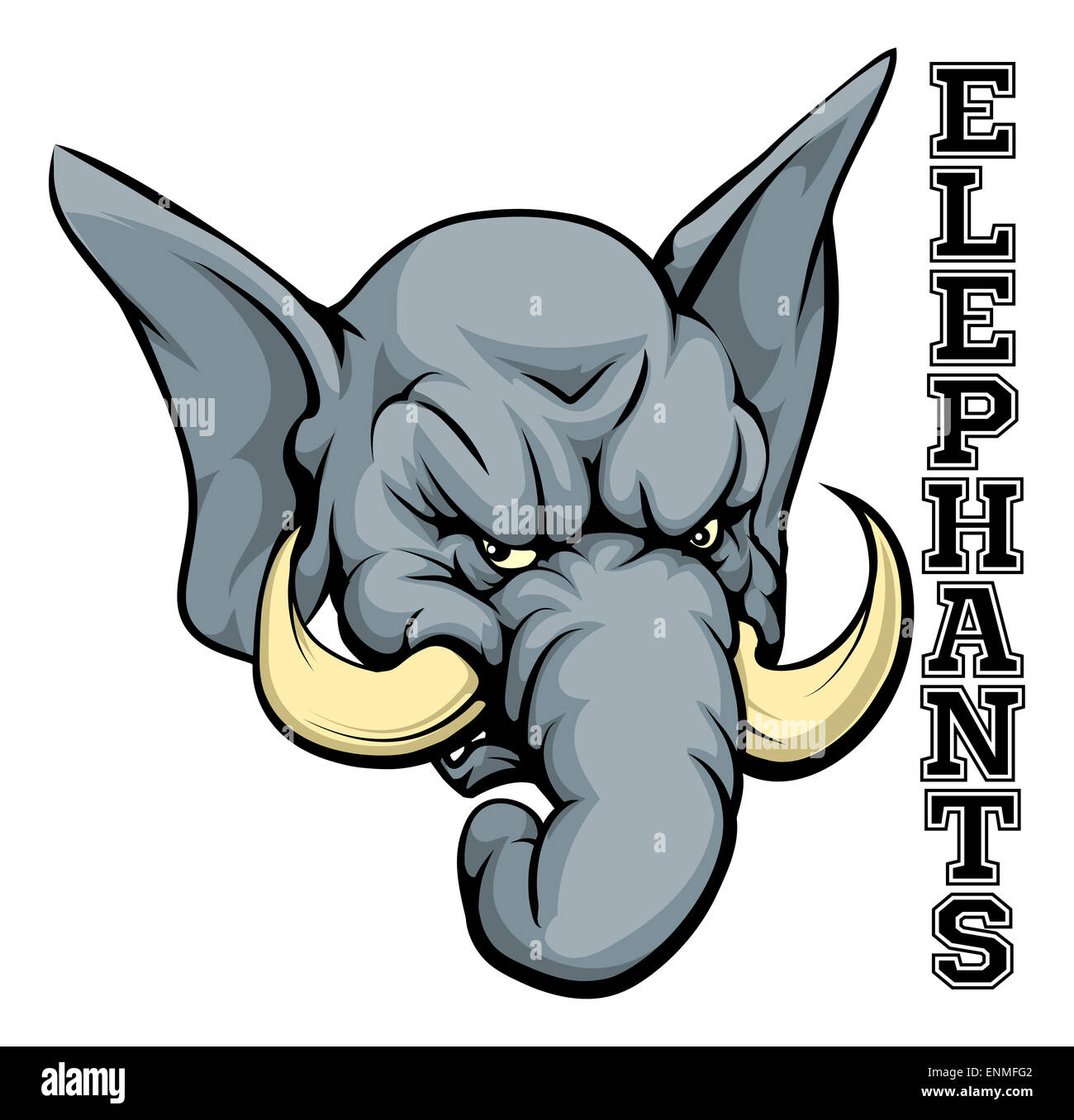 An illustration of a cartoon elephant sports team mascot with the text