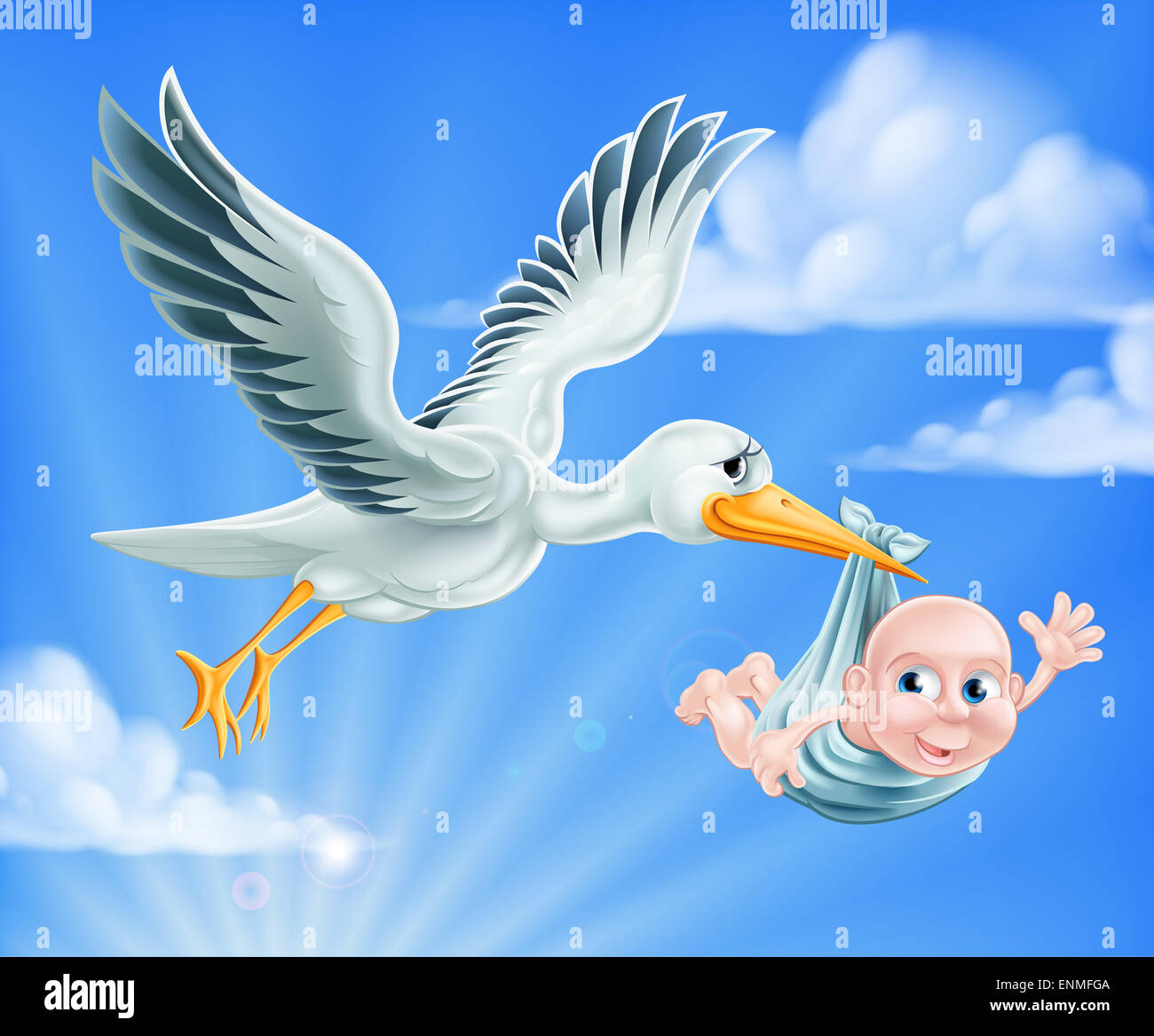An illustration of a cartoon stork flying through the sky delivering a newborn baby. A classic metaphor for pregnancy or child b Stock Photo