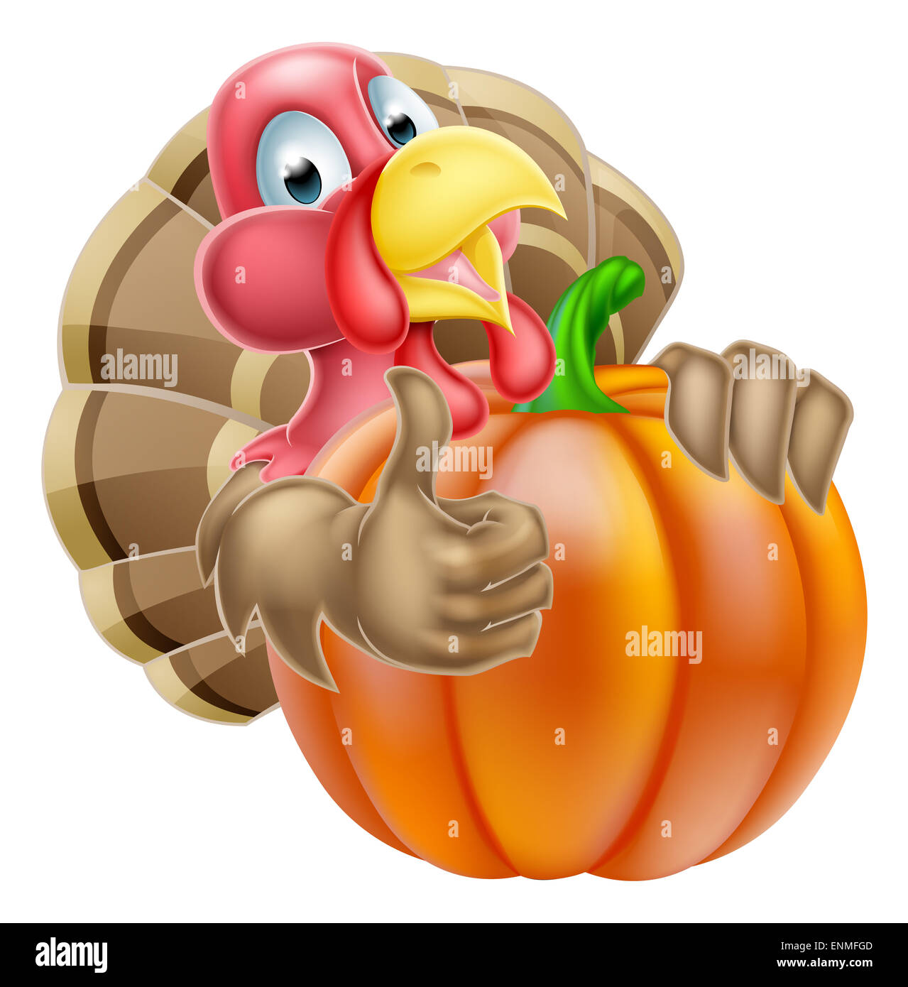 Thanksgiving cartoon turkey bird giving a thumbs up behind a pumpkin Stock Photo