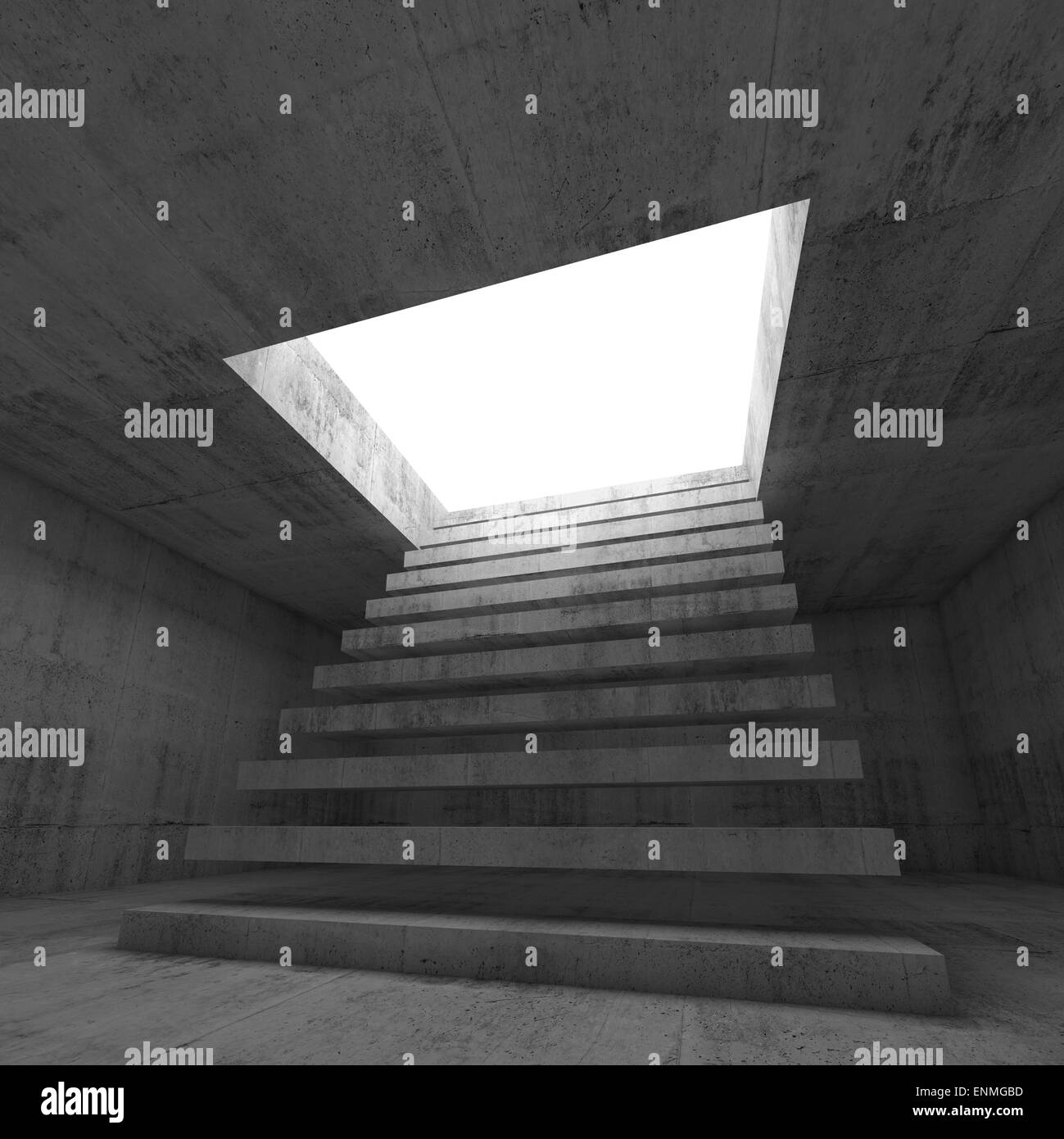 Abstract empty dark concrete 3d illustration interior background with stairway going up and out Stock Photo