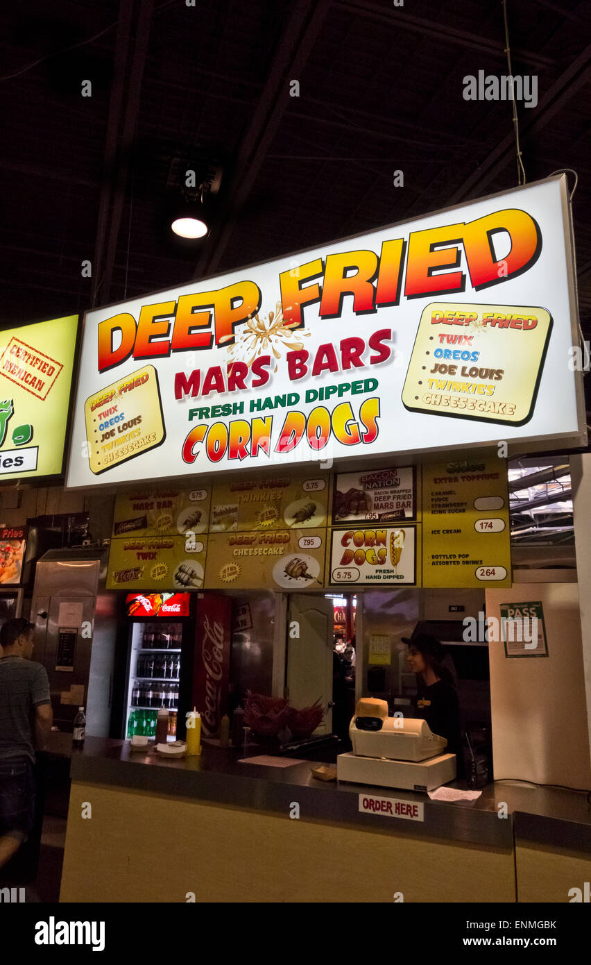 Deep Fried Mars Bars and Corn Dogs food booth at the Canadian National Exhibition, CNE, in Toronto, ON, Canada.  Summer 2014. Stock Photo