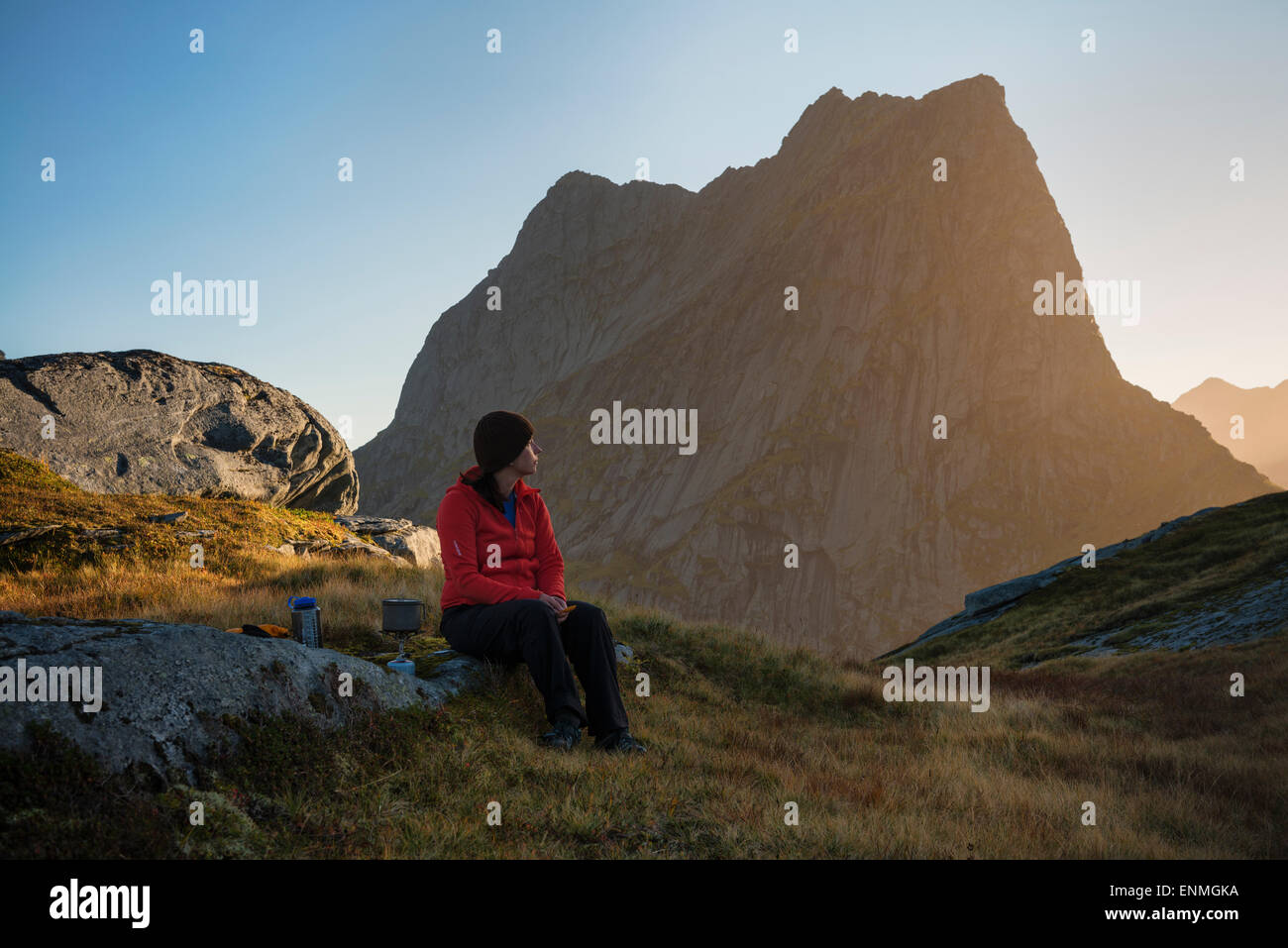 Evening glow among mountains from camp kitchen, Moskenesøy, Lofoten Islands, Norway Stock Photo