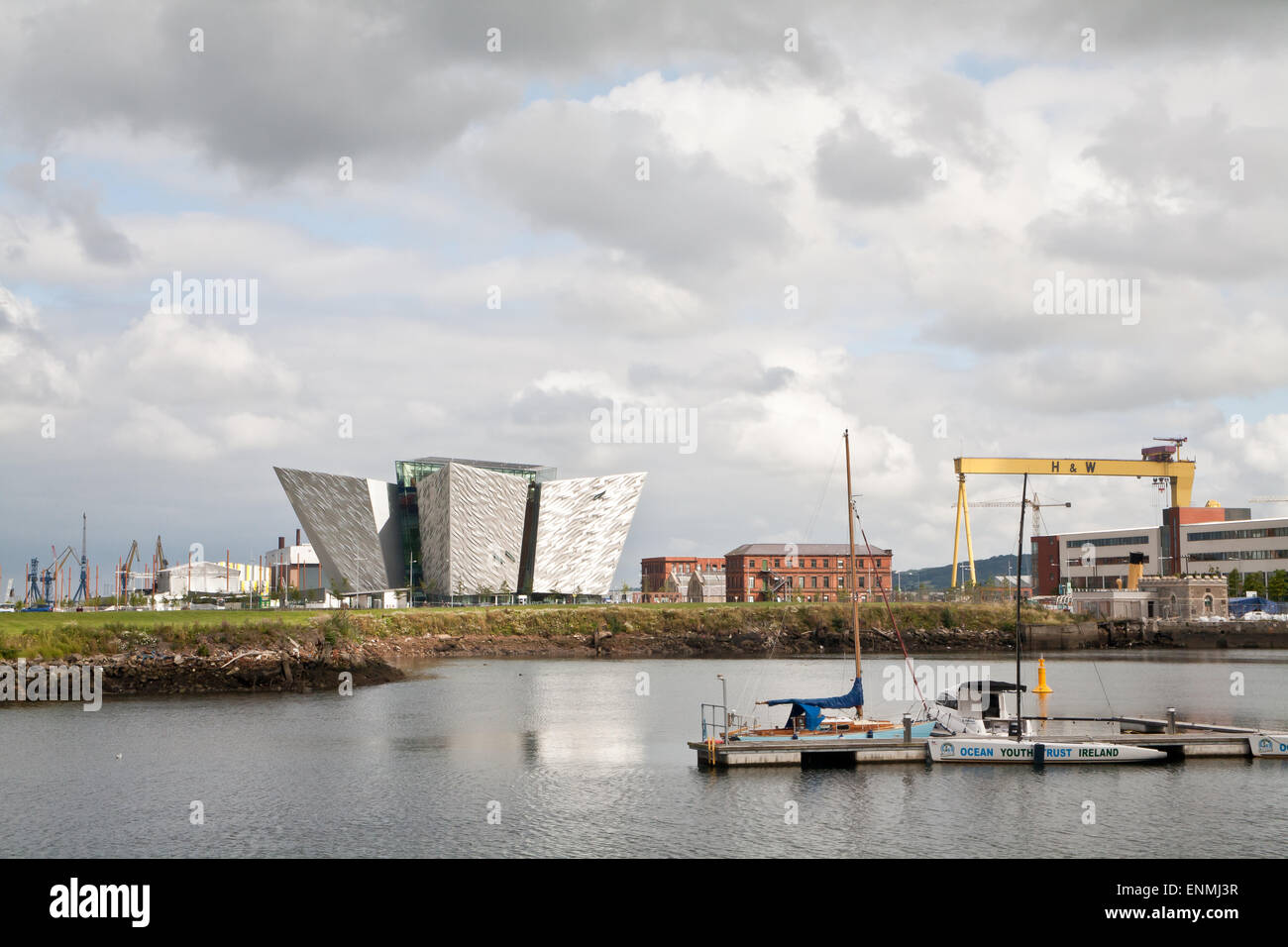 View across harbour marina to the Titanic Quarter, Belfast. Stock Photo