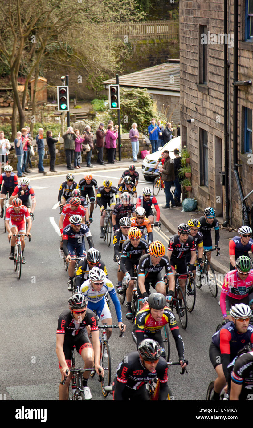 Riders in the Tour de Yorkshire on the Keighley Road Hebden Bridge Yorkshire Stock Photo