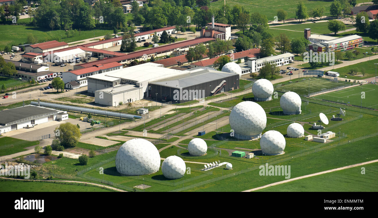 Bad Aibling, Germany. 8th May, 2015. An areal view of radar domes can be seen on the premises of the monitoring station of the German Federal Intelligence Service, the Bundesnachrichtendienst (BND), in Bad Aibling, Germany, 8 May 2015. In the course of the recent espionage revelations, the United States has limmited its intelligence gathering cooperation with Germany at the Bad Aibling listening post after the decision was passed by the US intelligence service NSA a few days ago, as dpa Deutsche Presse-Agentur has learned. Photo: PETER KNEFFEL/dpa/Alamy Live News Stock Photo