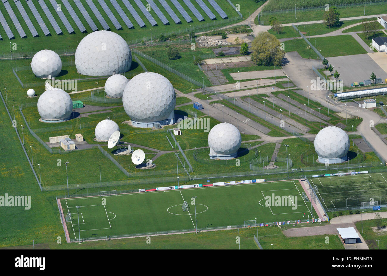 Bad Aibling, Germany. 8th May, 2015. An areal view of radar domes can