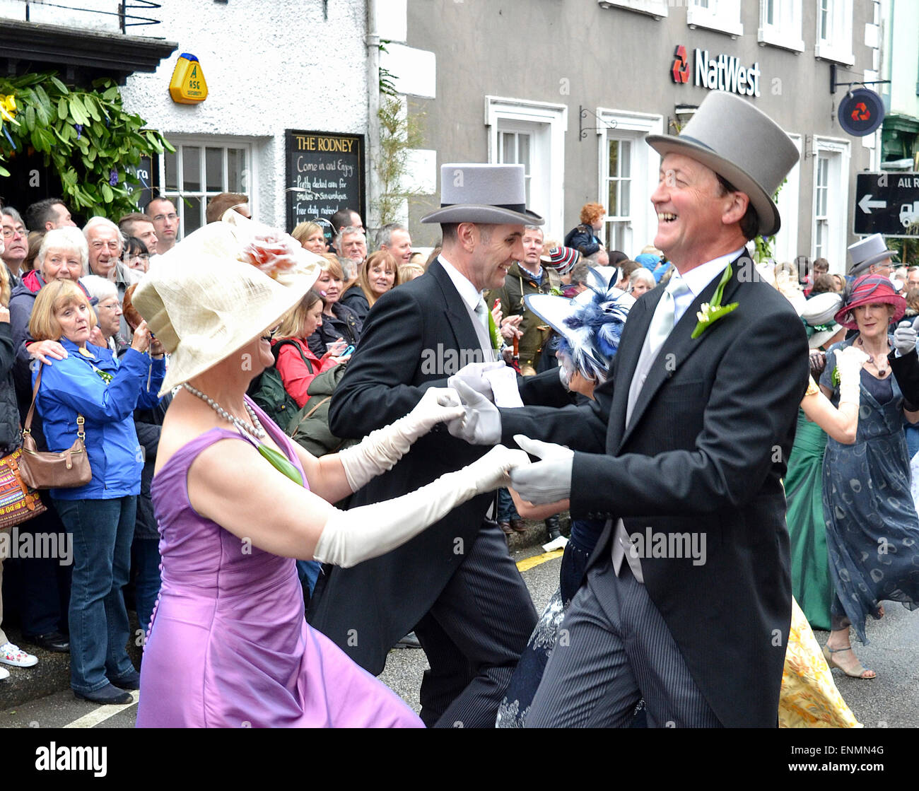 Dancing in the streets of Helston, Cornwall, UK, during the annual Flora day celebrations. Stock Photo