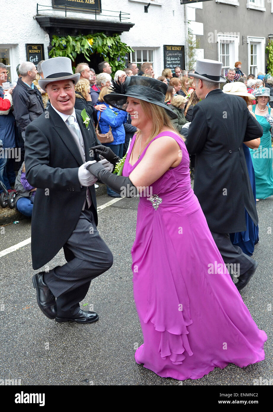 Dancing in the streets of Helston, Cornwall, UK, during the annual Flora day celebrations. Stock Photo