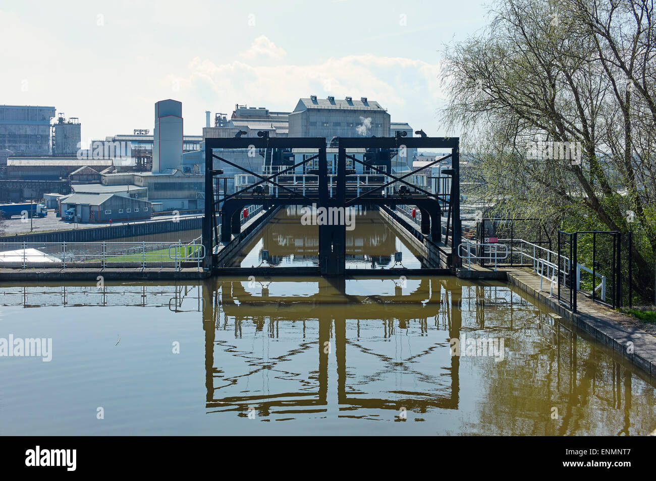 Anderton boat lift with Tata chemical plant in background Stock Photo