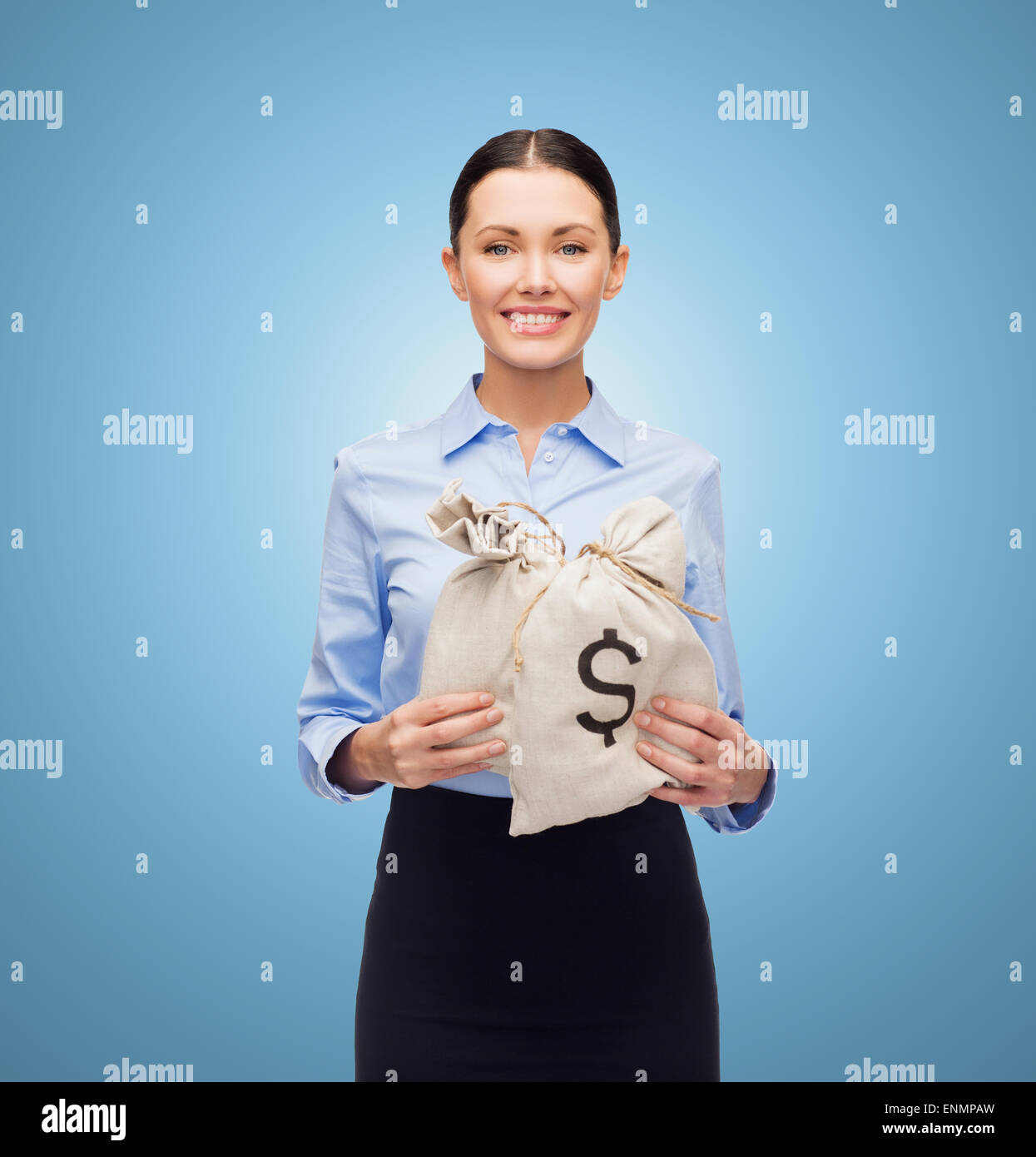businesswoman holding money bags with euro Stock Photo