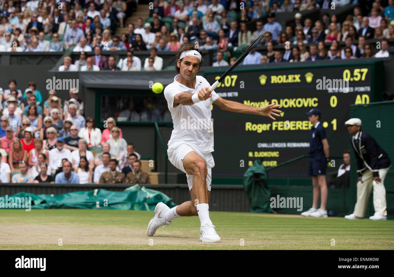 Roger Federer during the Mens singles final  The Championships Wimbledon 2014 The All England Lawn Tennis & Croquet Club Wimbled Stock Photo