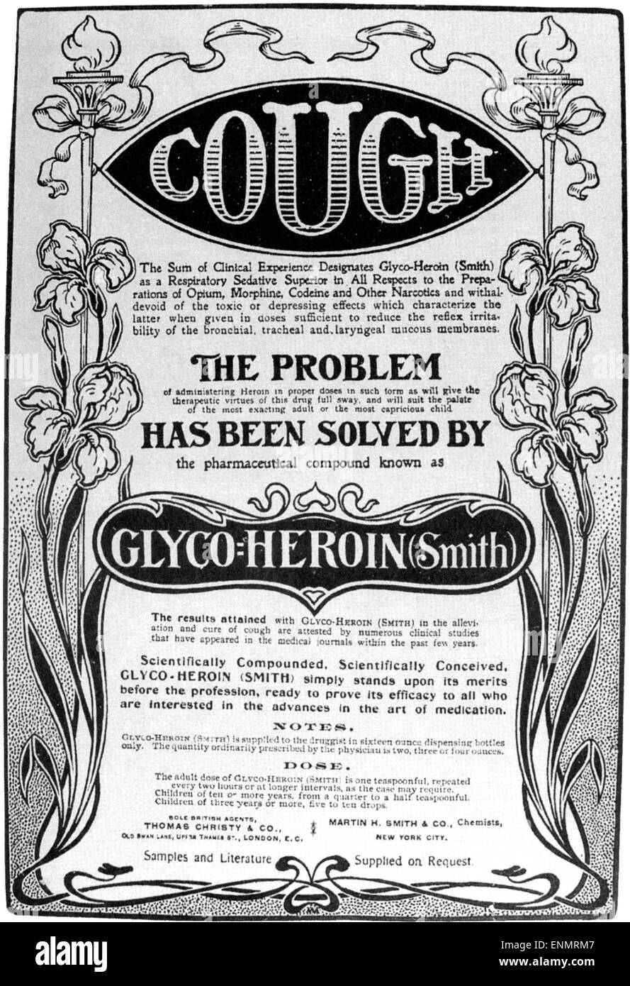century advertisement for cough medicine featuring heroin