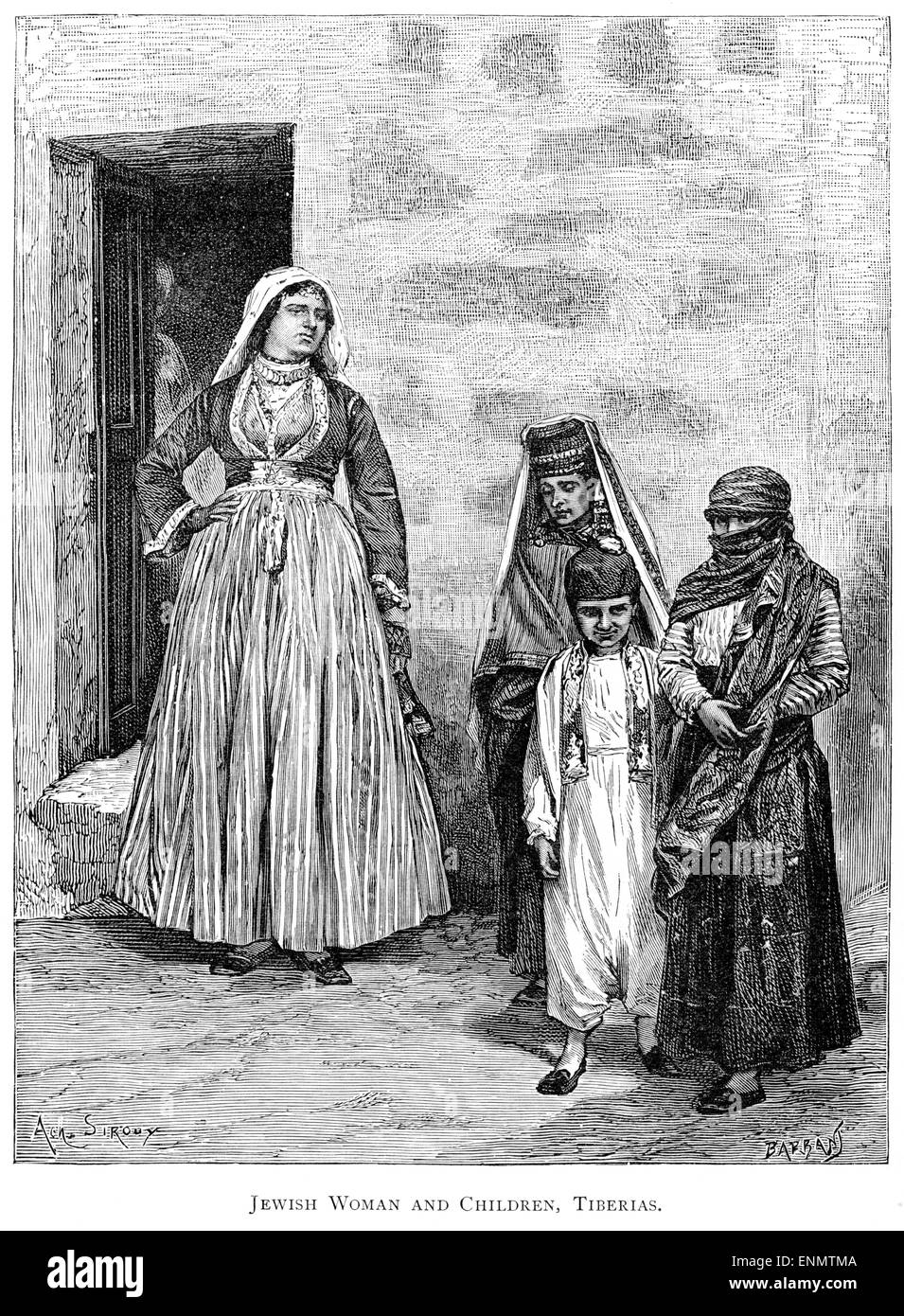 An engraving of a Jewish Woman and Children at Tiberias scanned at high resolution from a book printed in 1889. Stock Photo