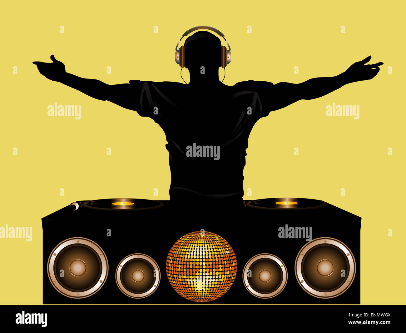 DJ with Record Deck and Speakers Disco Ball and Headphones Stock Photo -  Alamy