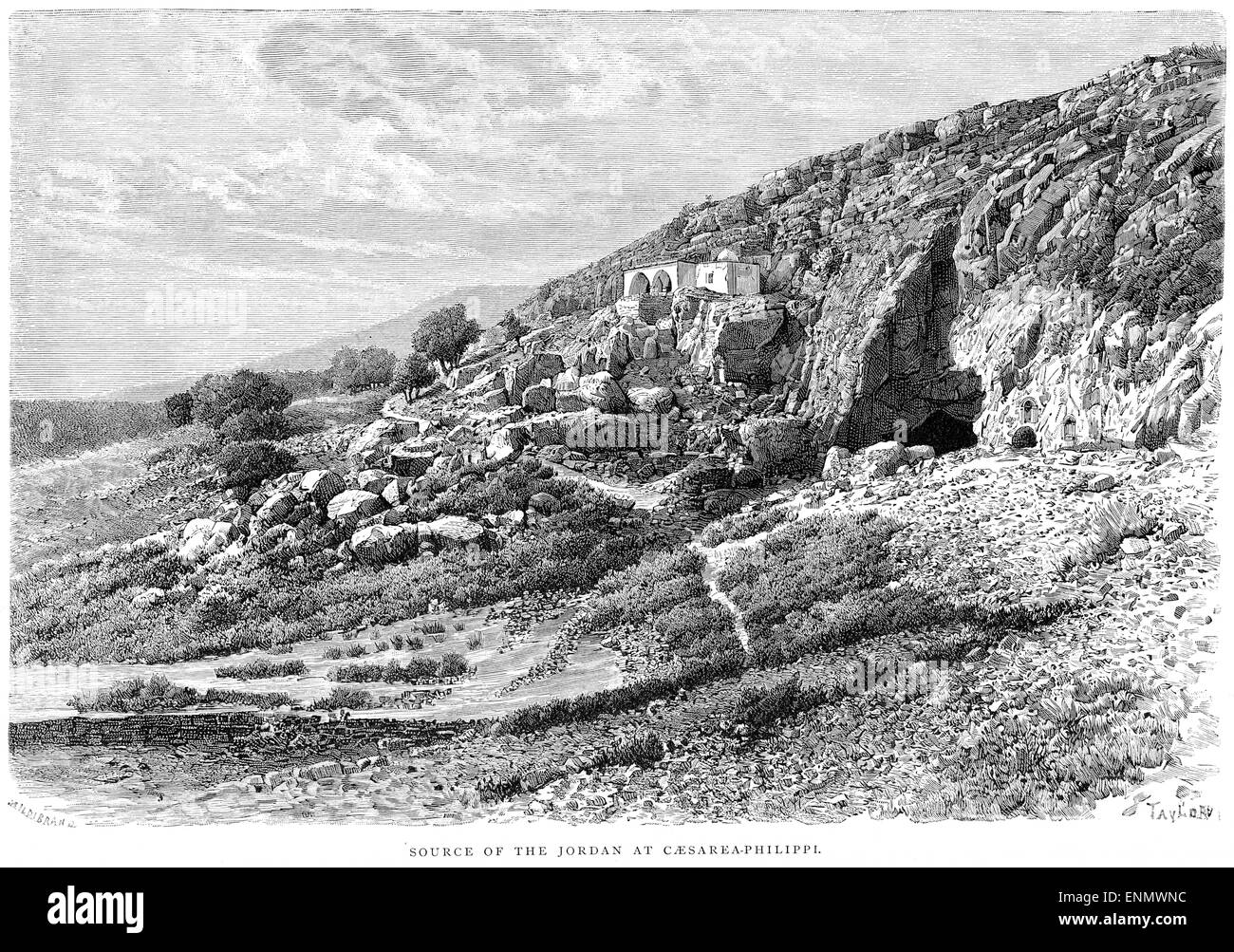 An engraving of the Source of the River Jordan at Caesarea Philippi scanned at high resolution from a book printed in 1889. Stock Photo