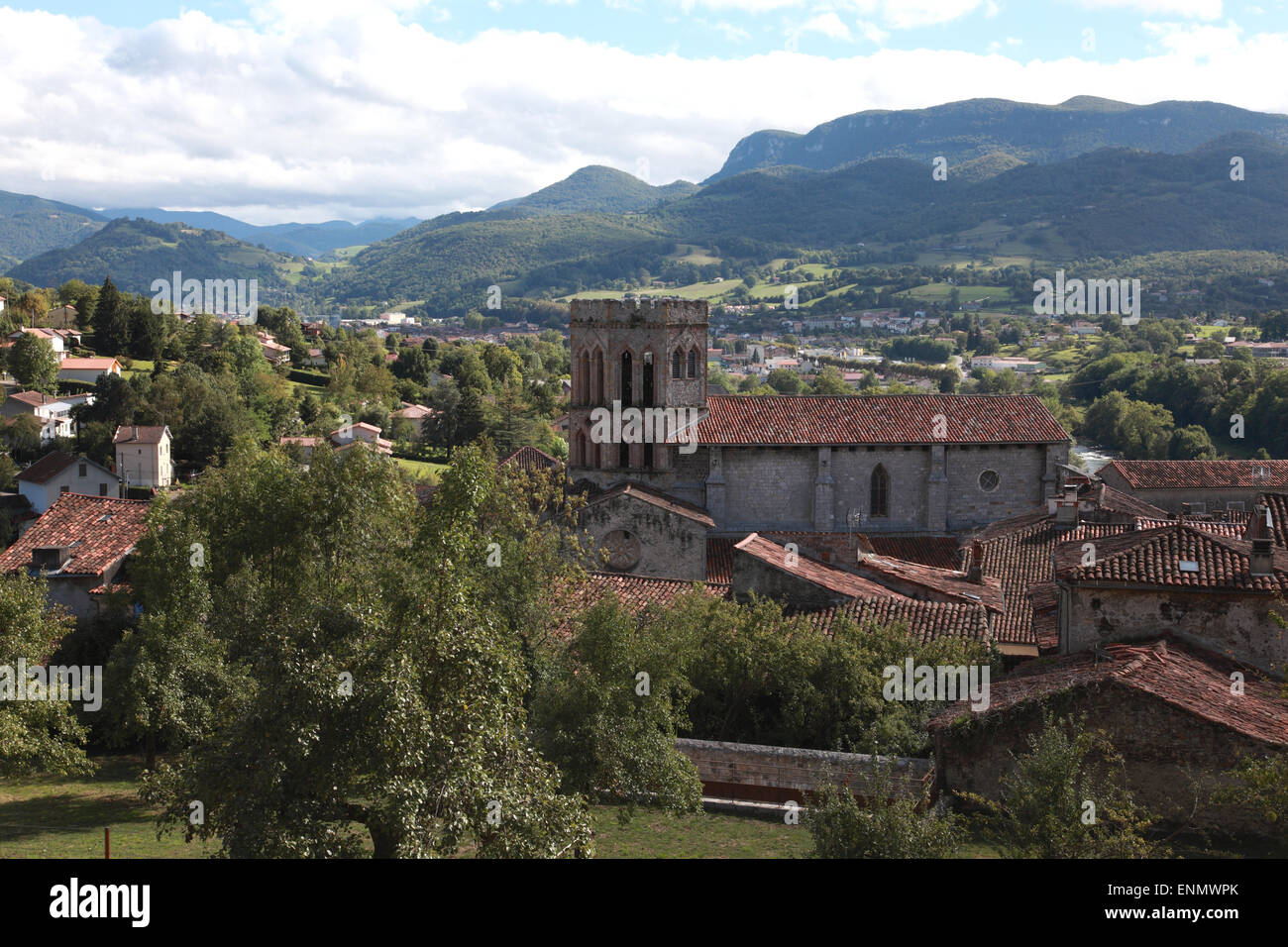 A view over the small town of Saint Lizier and its Romanesque Cathedral in Ariege, Midi Pyrenees, south west France Stock Photo