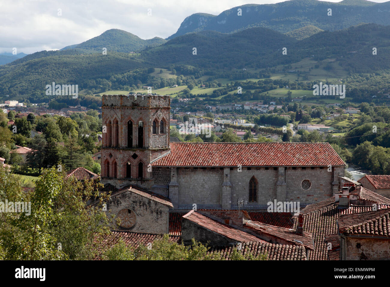 A view over the small town of Saint Lizier and its Romanesque Cathedral in Ariege, Midi Pyrenees Stock Photo