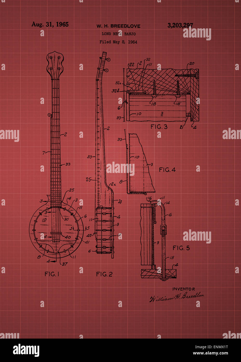 Long Neck Banjo patent from 1964 Vintage patent artwork great presentation in both corporate and personal settings ie offices/ c Stock Photo