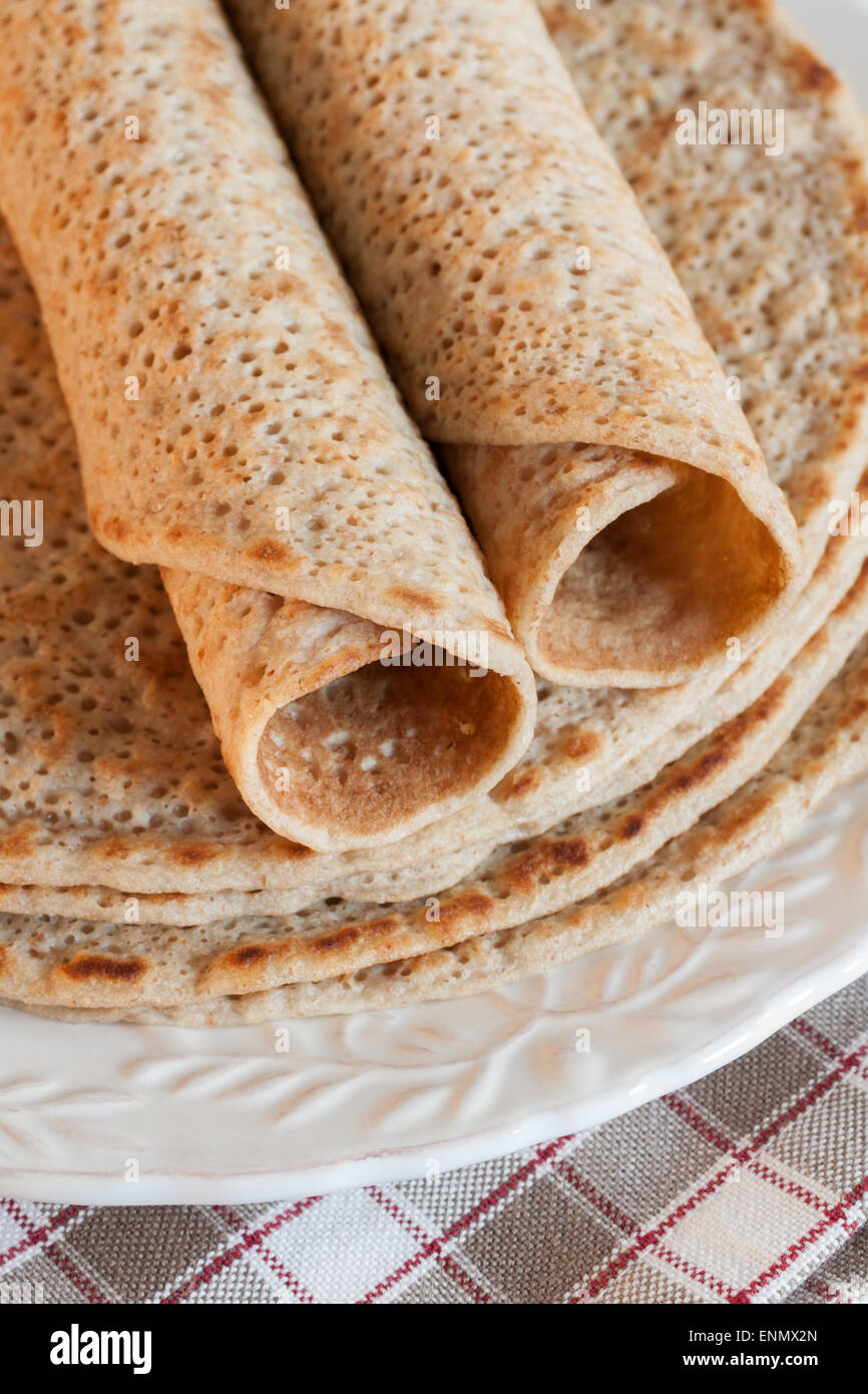 Staffordshire Oatcakes a savoury pancake made with oatmeal flour and yeast Stock Photo
