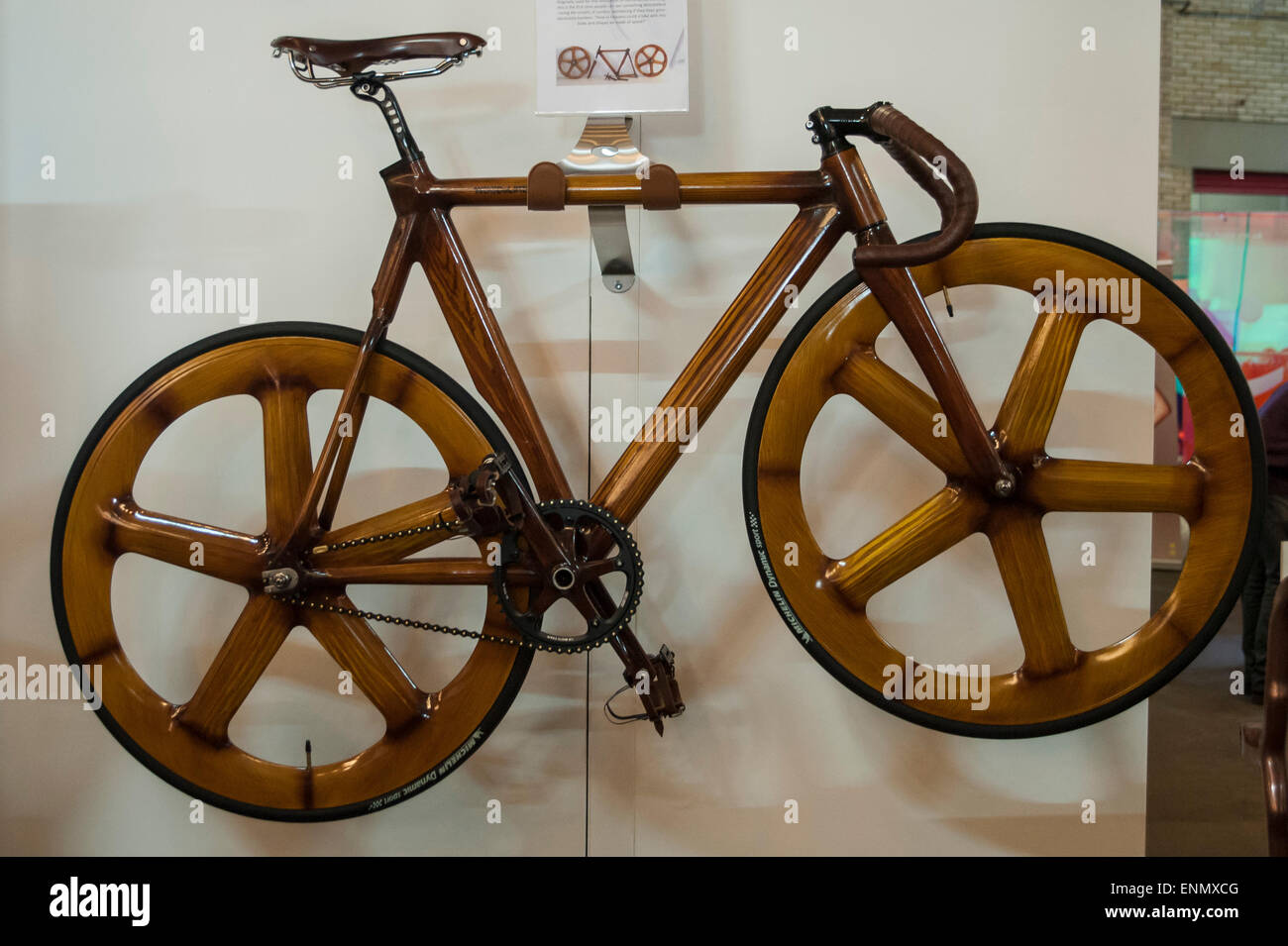 London, UK. 8 May 2015. A custom bicycle, made to look like it is made out of wood, is one of the items to see for cycling fans who visit Spin London, Europe's biggest urban cycling show, which opened today in Holborn. Credit:  Stephen Chung / Alamy Live News Stock Photo
