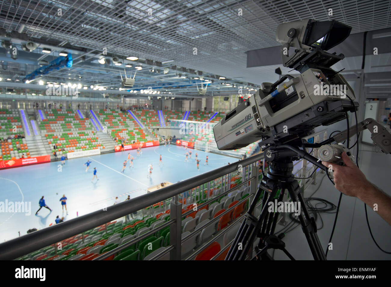 LUBIN, POLAND - SEPTEMBER 7, 2014: TV camera before match PGNiG Superleague Women in handball Stock Photo