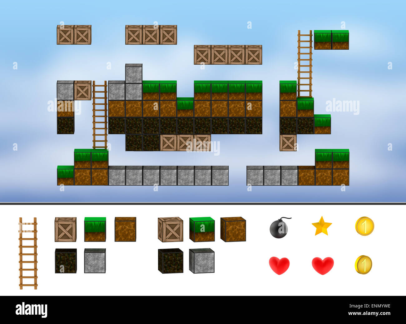 Computer arcade game level. Cubes, ladder, icons Stock Photo Alamy