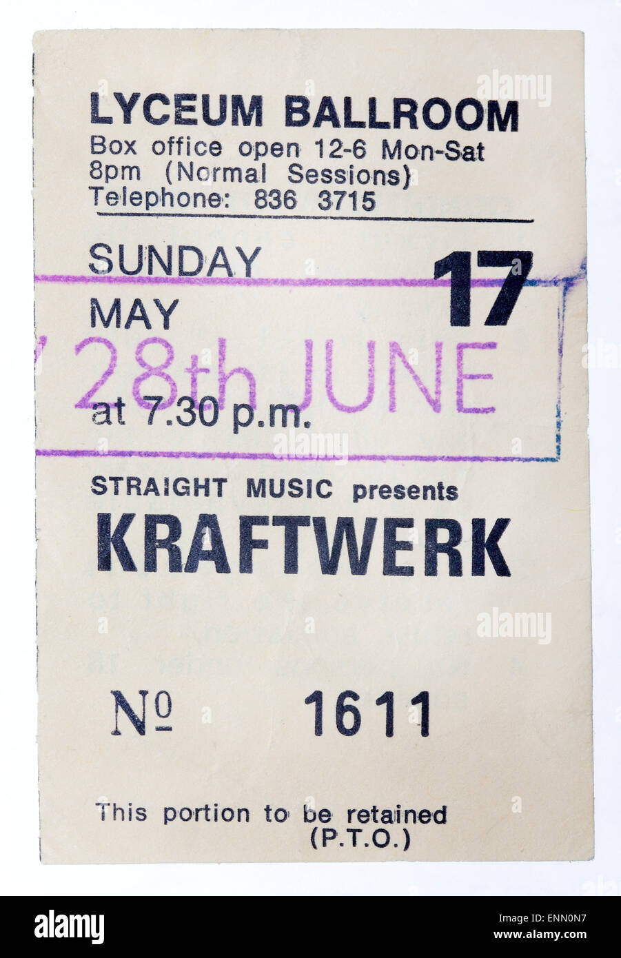 1980's Kraftwerk Concert Ticket - Lyceum London Stock Photo