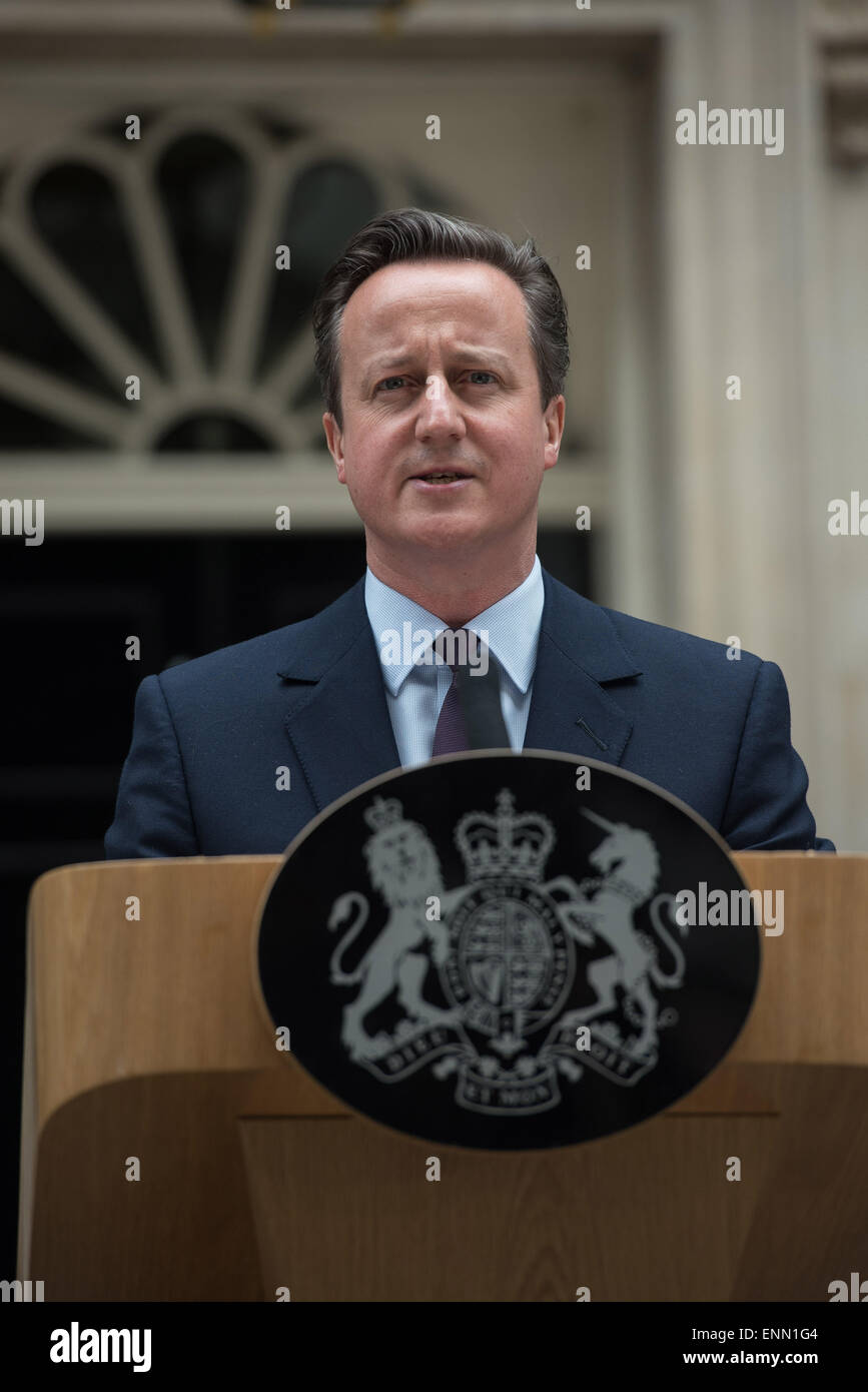 London, UK. 08th May, 2015. Prime Minister David Cameron makes a post-election speech outside 10 Downing Street after meeting the Queen in Buckingham Palace, on Friday May 8, 2015. Credit:  Heloise/Alamy Live News Stock Photo