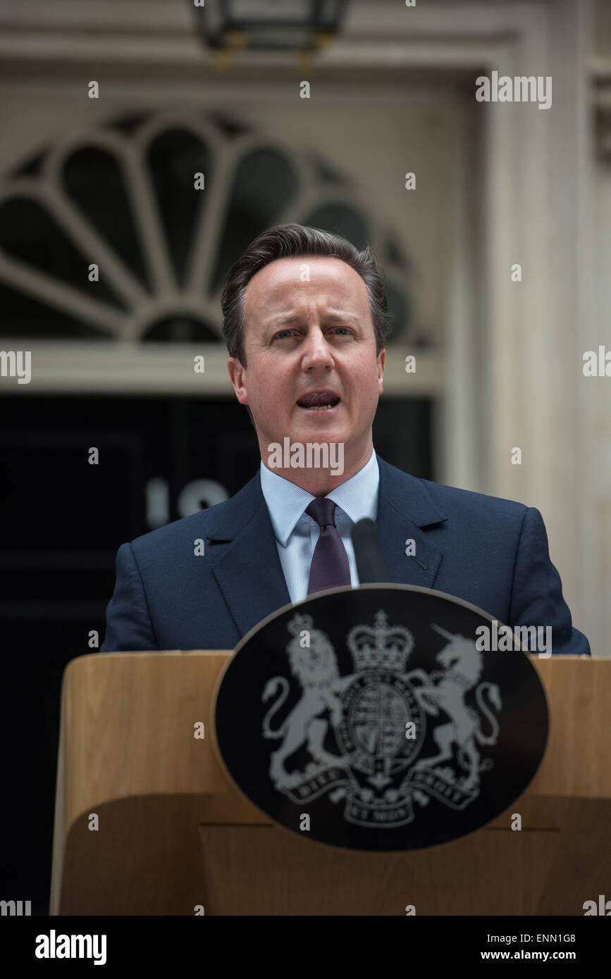 London, UK. 08th May, 2015. Prime Minister David Cameron makes a post-election speech outside 10 Downing Street after meeting the Queen in Buckingham Palace, on Friday May 8, 2015. Credit:  Heloise/Alamy Live News Stock Photo