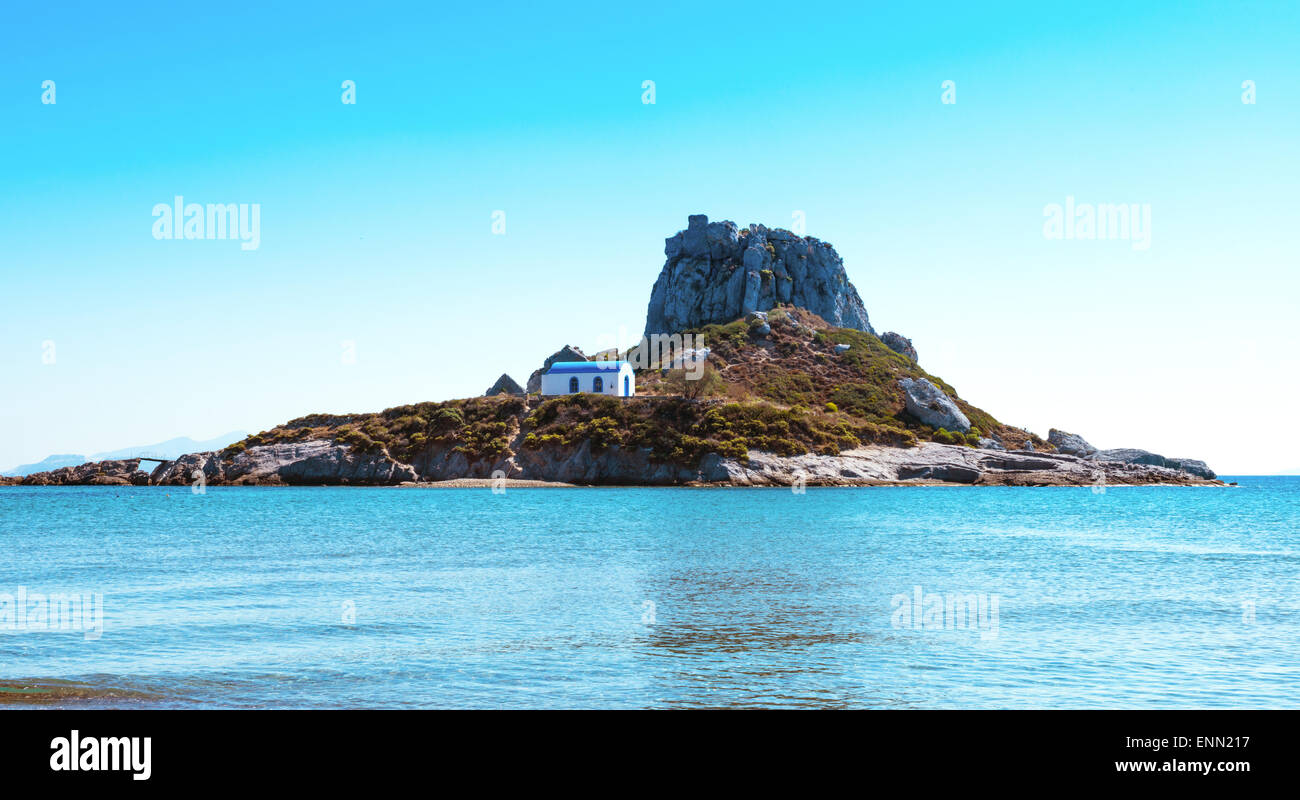 Monastery of Ayios Antonis, Kastri Island, Kamari Bay, Kos Greece. Stock Photo