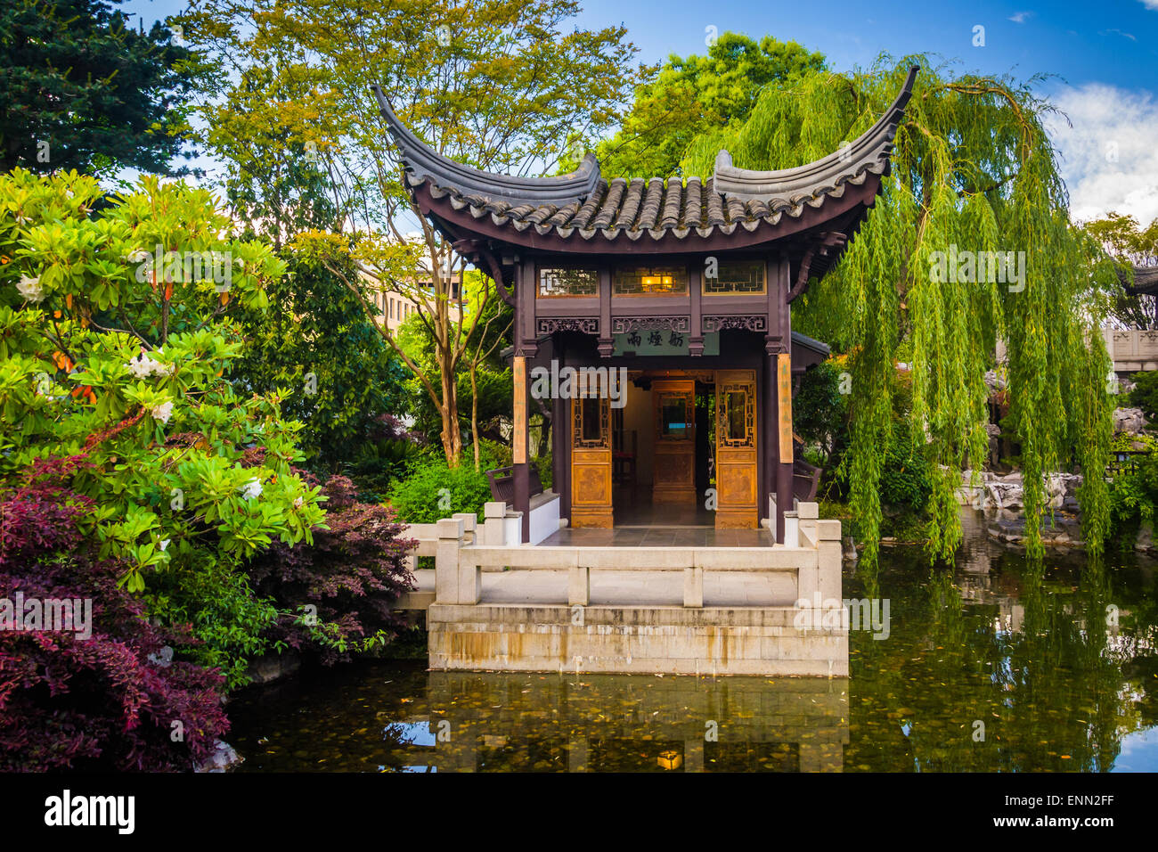 Pagoda at the Lan Su Chinese Garden, in Portland, Oregon. Stock Photo