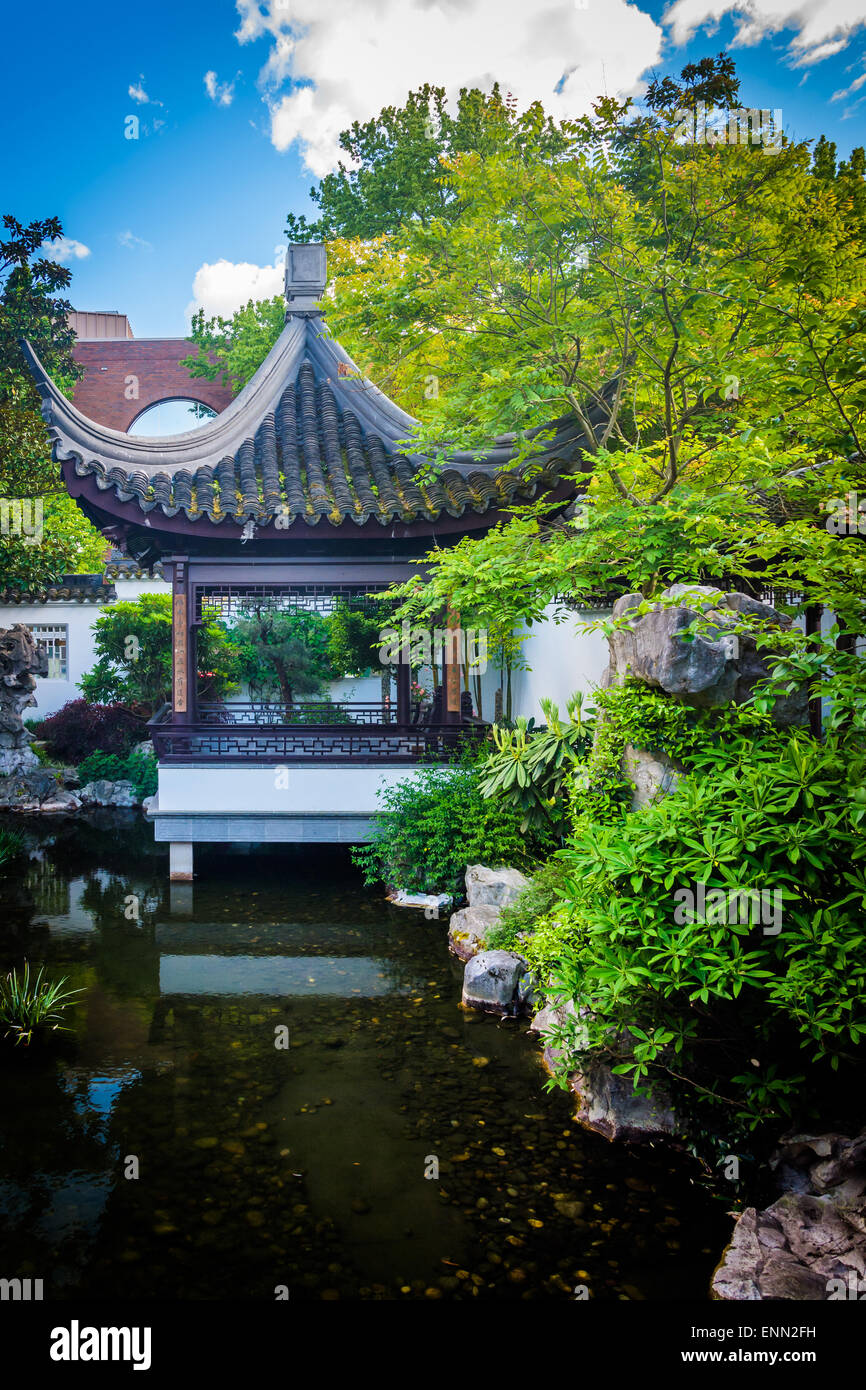 Pagoda at the Lan Su Chinese Garden, in Portland, Oregon. Stock Photo